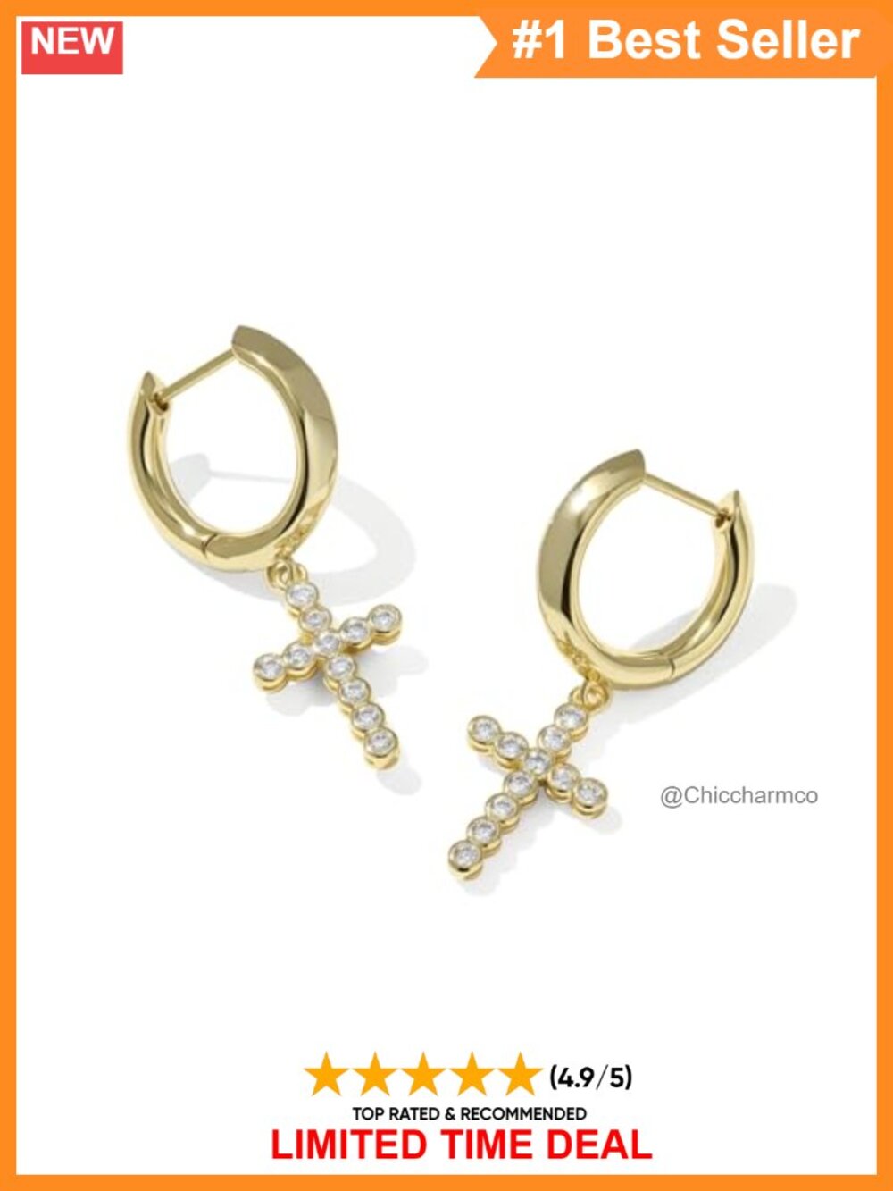 Gold Plated Brass Cubic Zirconia Cross Huggie Hoop Earrings
